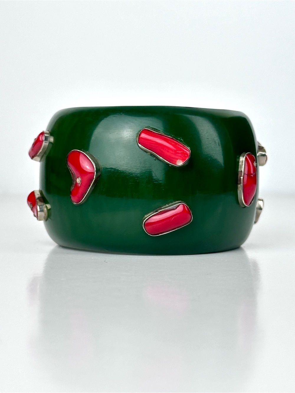 Massive Green Resin & Red Coral Sterling Silver Statement Cuff Bracelet - Picture 3 of 12